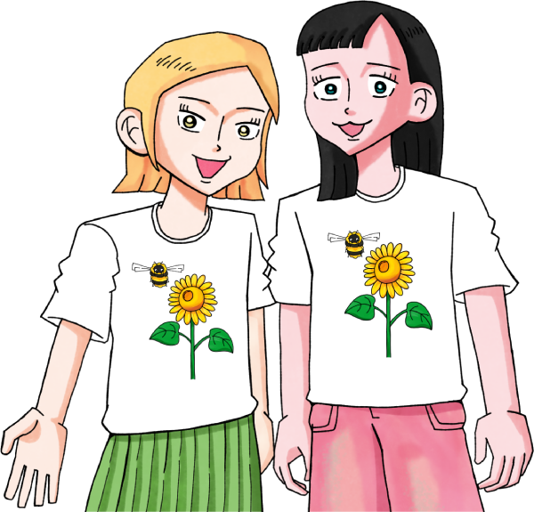 ヒマワリTシャツを着た女の子2人のイラスト