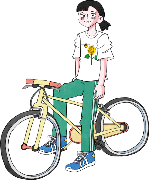 ヒマワリTシャツを着て自転車に乗る女の子のイラスト