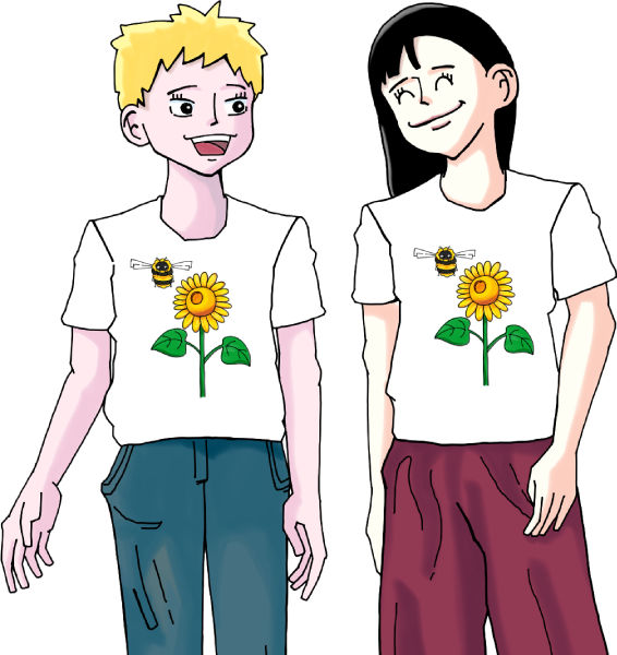 ヒマワリ半袖Tシャツを着て談笑する女の子2人のイラスト
