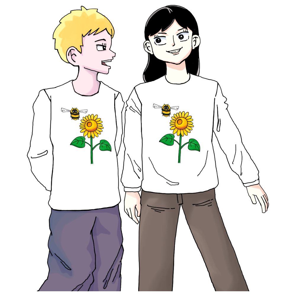 ヒマワリ長袖Tシャツを着て談笑する女の子2人のイラスト