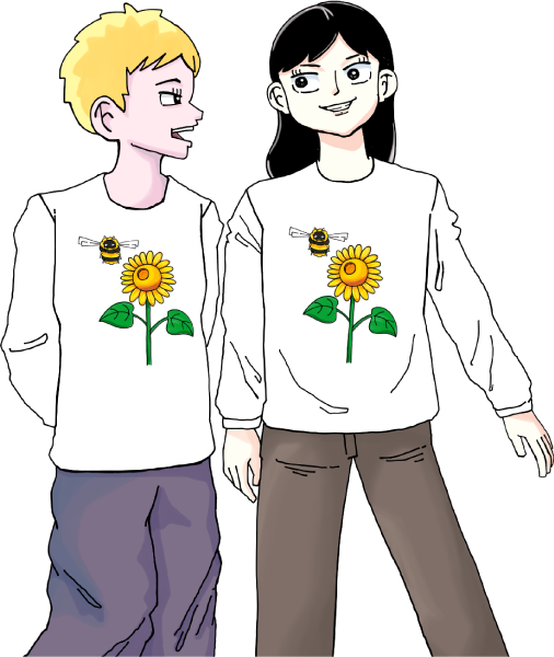 ヒマワリ長袖Tシャツを着て談笑する女の子2人のイラスト